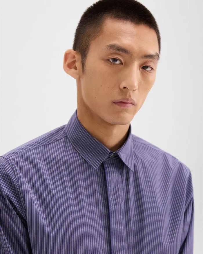 Theory Straight Shirt In Striped CottonBlend Marinalight Grey Multi Men Shirts