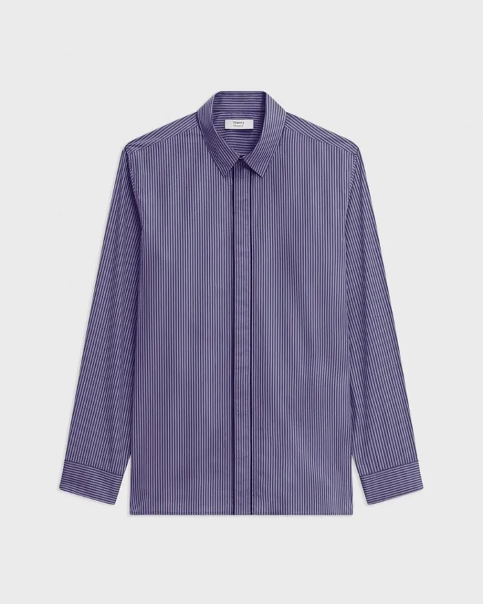 Theory Straight Shirt In Striped CottonBlend Marinalight Grey Multi Men Shirts