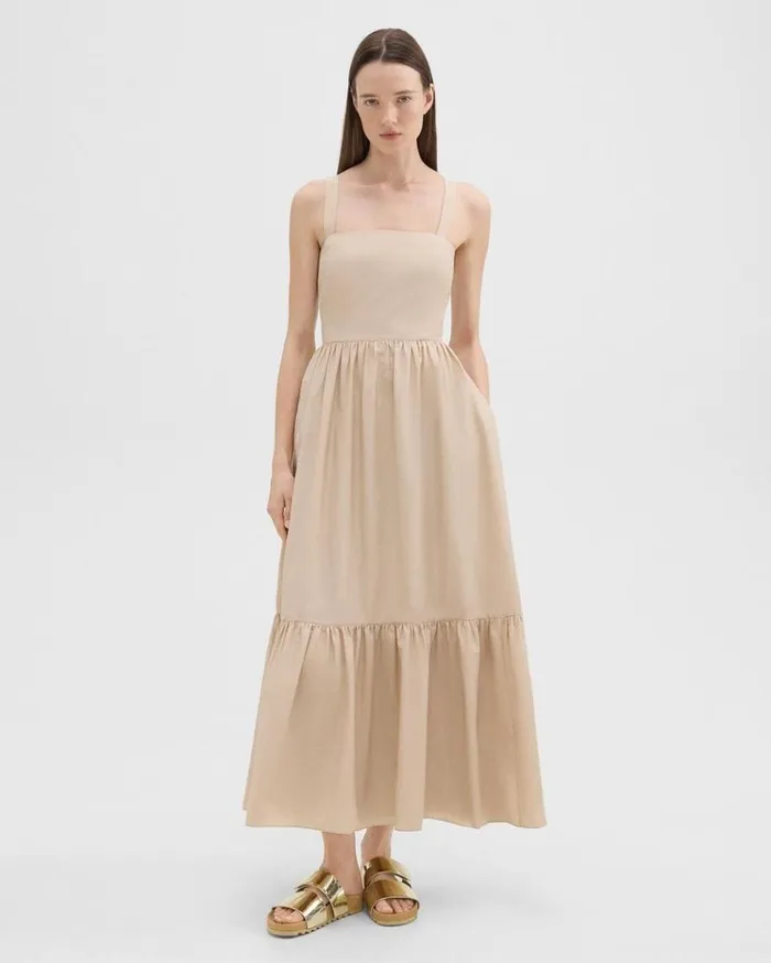 Theory Tiered Sleeveless Dress In CottonBlend Soft Gold Women Dresses