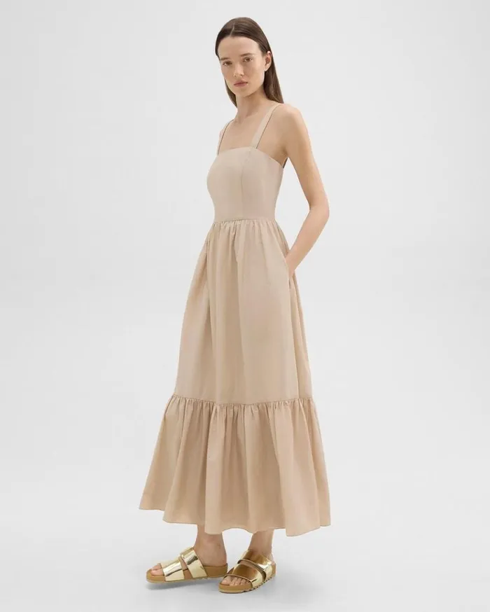Theory Tiered Sleeveless Dress In CottonBlend Soft Gold Women Dresses Theory Tiered Sleeveless Dress In CottonBlend Soft Gold Women Dresses