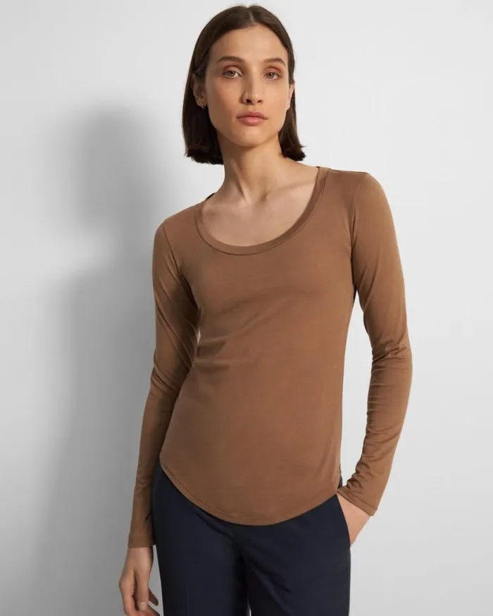 Theory Tiny LongSleeve Scoop Tee In Organic Cotton Truffle Women TShirts Tank Tops Theory Tiny LongSleeve Scoop Tee In Organic Cotton Truffle Women TShirts Tank Tops