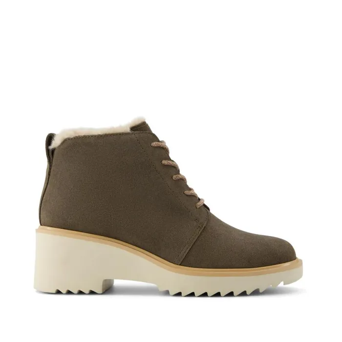 Toms Boots and Booties Maude Wedge LaceUp Boot Canteen Green Suede With Faux Fur 8211 Women