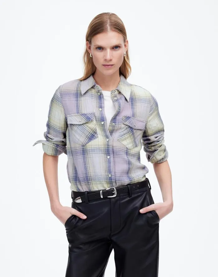 Tops and Shirts Women Madewell Flannel SnapFront Shirt In Plaid Soft Orchid