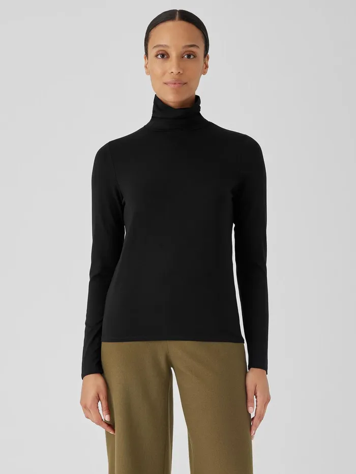 Tops and Tees Women Eileen Fisher Fine Jersey Scrunch Neck Top Black