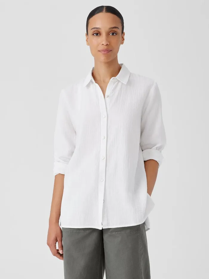 Tops and Tees Women Eileen Fisher Organic Cotton Ripple Classic Collar Shirt White