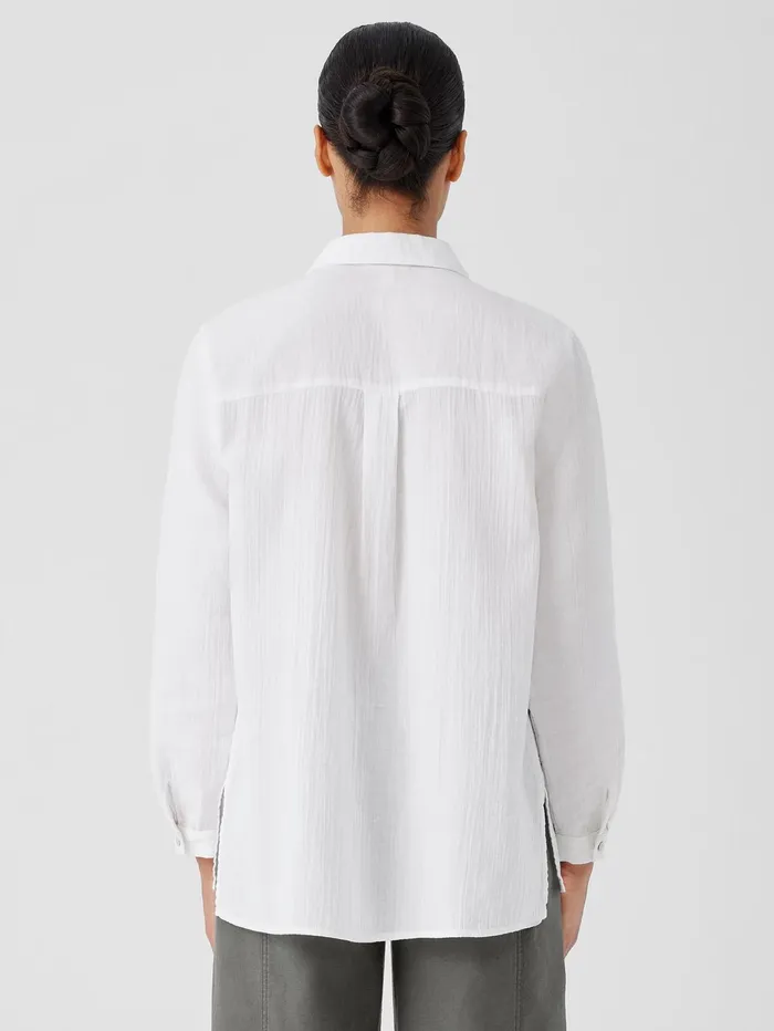 Tops and Tees Women Eileen Fisher Organic Cotton Ripple Classic Collar Shirt White
