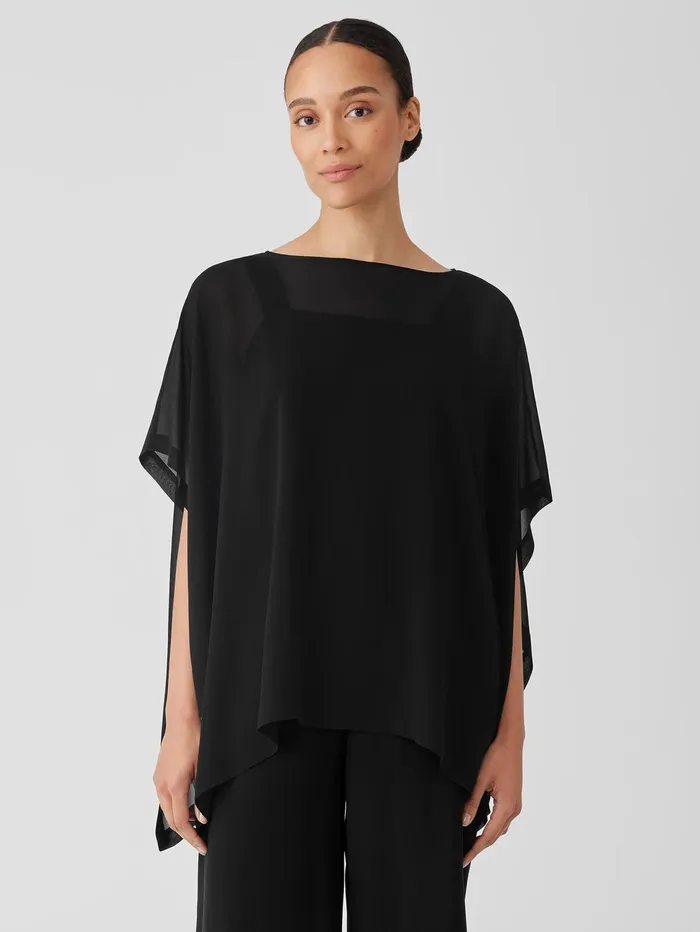 Tops and Tees Women Eileen Fisher Sheer Silk Georgette Long Poncho Black