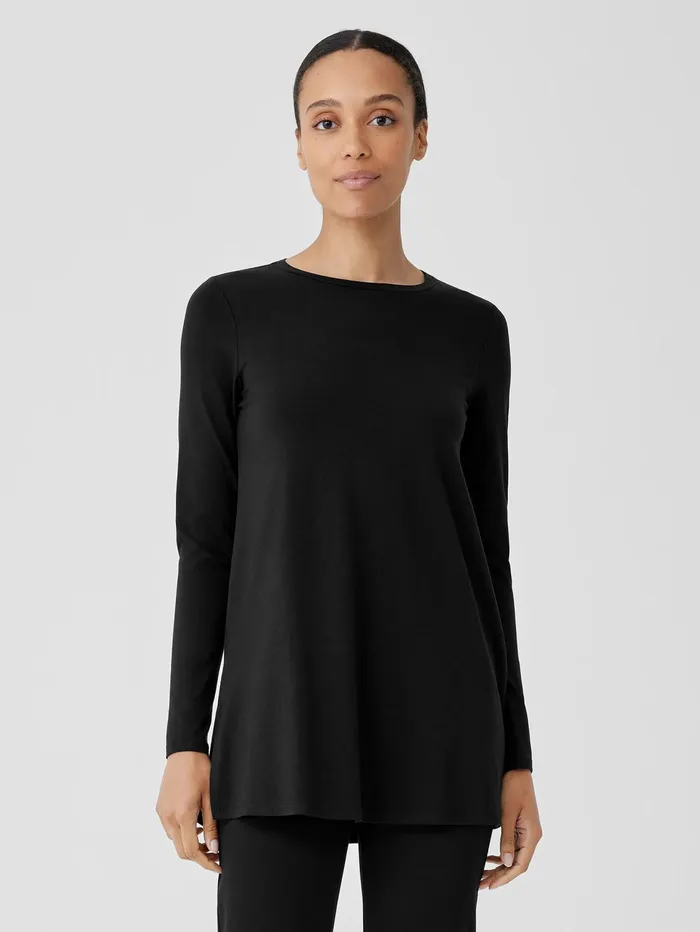 Tops and Tees Women Eileen Fisher Stretch Jersey Knit Crew Neck Long Top Black Tops and Tees Women Eileen Fisher Stretch Jersey Knit Crew Neck Long Top Black