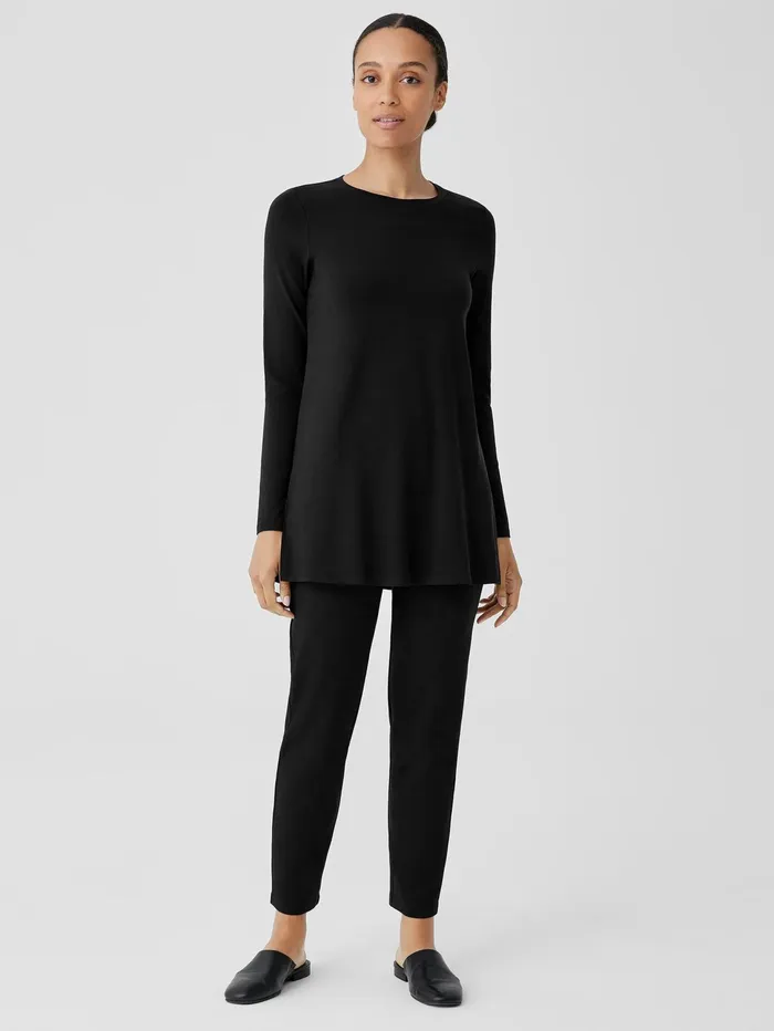 Tops and Tees Women Eileen Fisher Stretch Jersey Knit Crew Neck Long Top Black