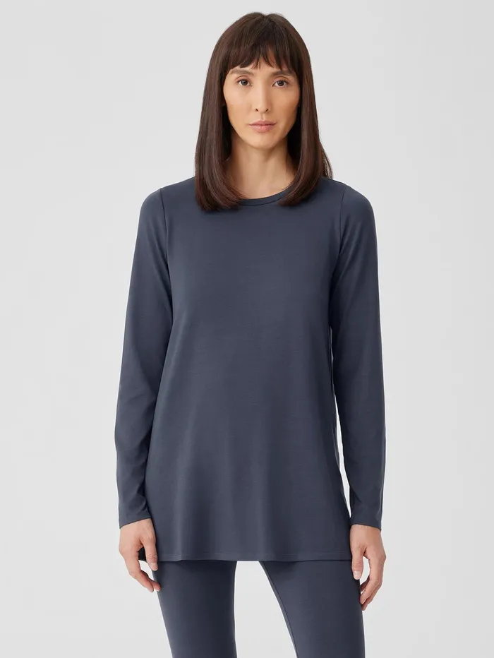 Tops and Tees Women Eileen Fisher Stretch Jersey Knit Crew Neck Long Top Ocean Tops and Tees Women Eileen Fisher Stretch Jersey Knit Crew Neck Long Top Ocean