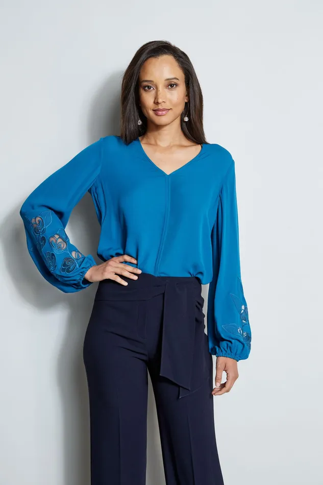Tops Women Elie Tahari Embroidered Long Sleeve Shirt PACIFIC BLUE
