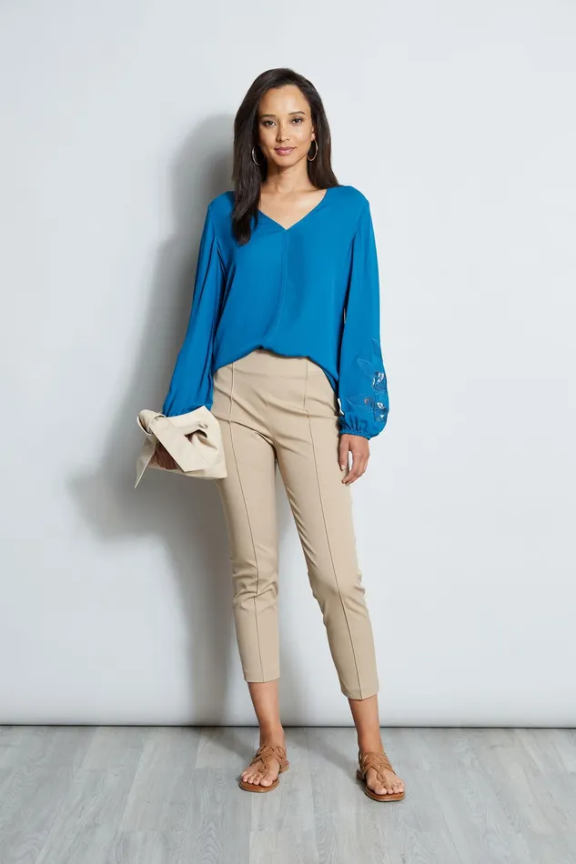 Tops Women Elie Tahari Embroidered Long Sleeve Shirt PACIFIC BLUE