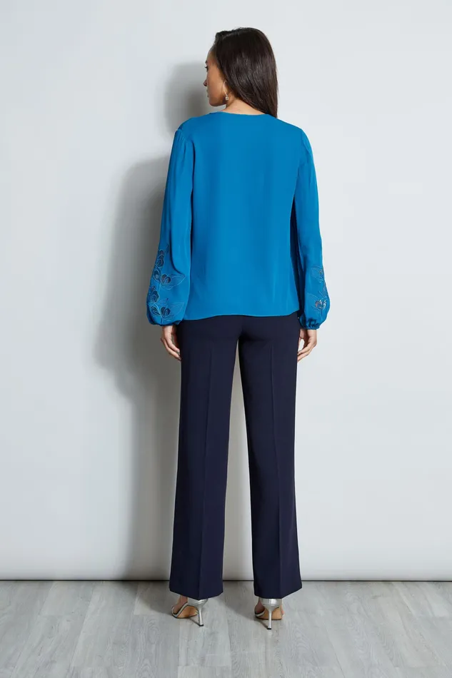 Tops Women Elie Tahari Embroidered Long Sleeve Shirt PACIFIC BLUE