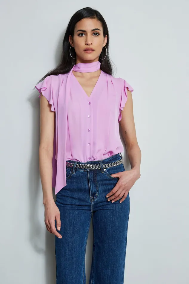 Tops Women Elie Tahari Flutter Sleeve Tie Shirt BRIGHT VIOLA