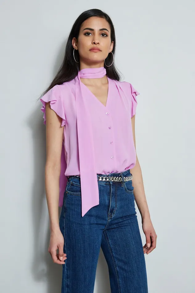 Tops Women Elie Tahari Flutter Sleeve Tie Shirt BRIGHT VIOLA