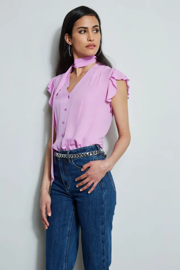 Tops Women Elie Tahari Flutter Sleeve Tie Shirt BRIGHT VIOLA