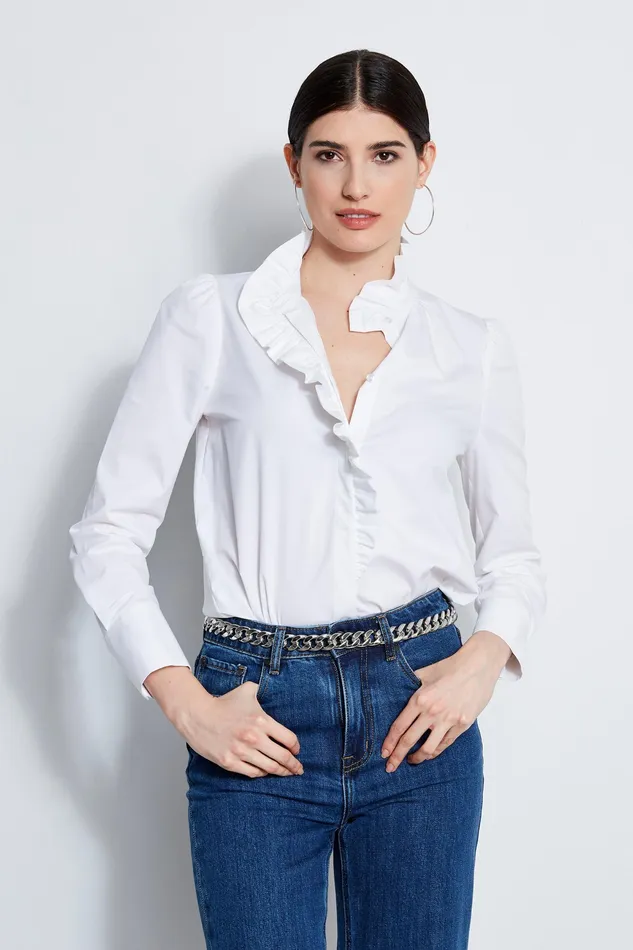 Tops Women Elie Tahari Poplin Ruffle Shirt WHITE