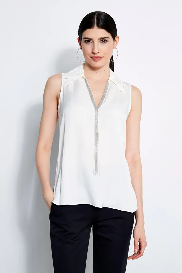 Tops Women Elie Tahari Sleeveless Silk Chain Collar Shirt FRESH PEARL