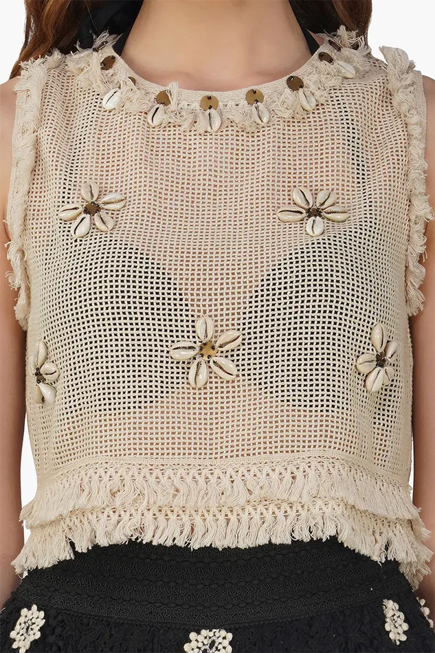 Tops Women Talia Crochet Fringe Embellished Top America and Beyond