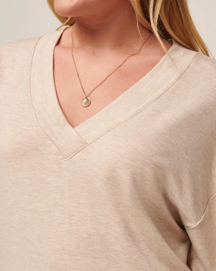 TravisMathew CLOUD TERRY VNECK TOP Heather Natural Women Shirts and Tops TravisMathew CLOUD TERRY VNECK TOP Heather Natural Women Shirts and Tops