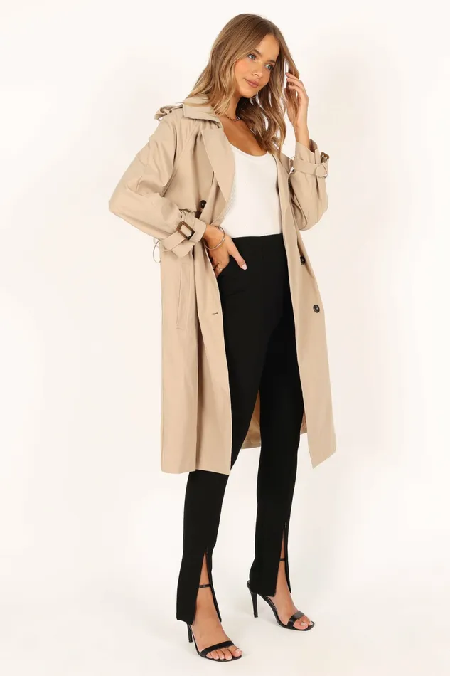 Trina Button Front Trench Coat Beige Women Jackets and Coats Petal and Pup