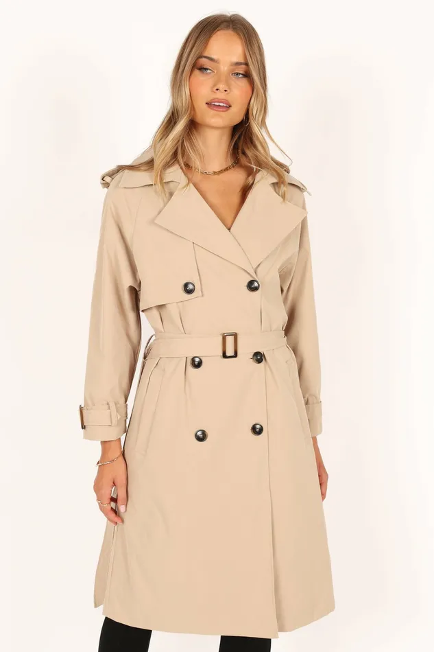 Trina Button Front Trench Coat Beige Women Jackets and Coats Petal and Pup