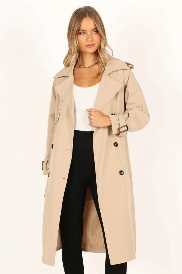 Trina Button Front Trench Coat Beige Women Jackets and Coats Petal and Pup