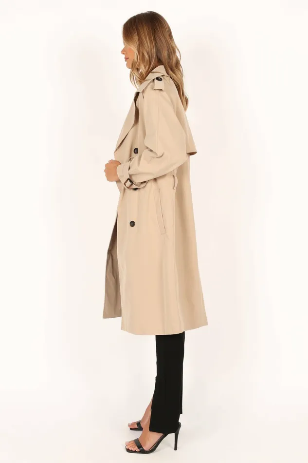 Trina Button Front Trench Coat Beige Women Jackets and Coats Petal and Pup