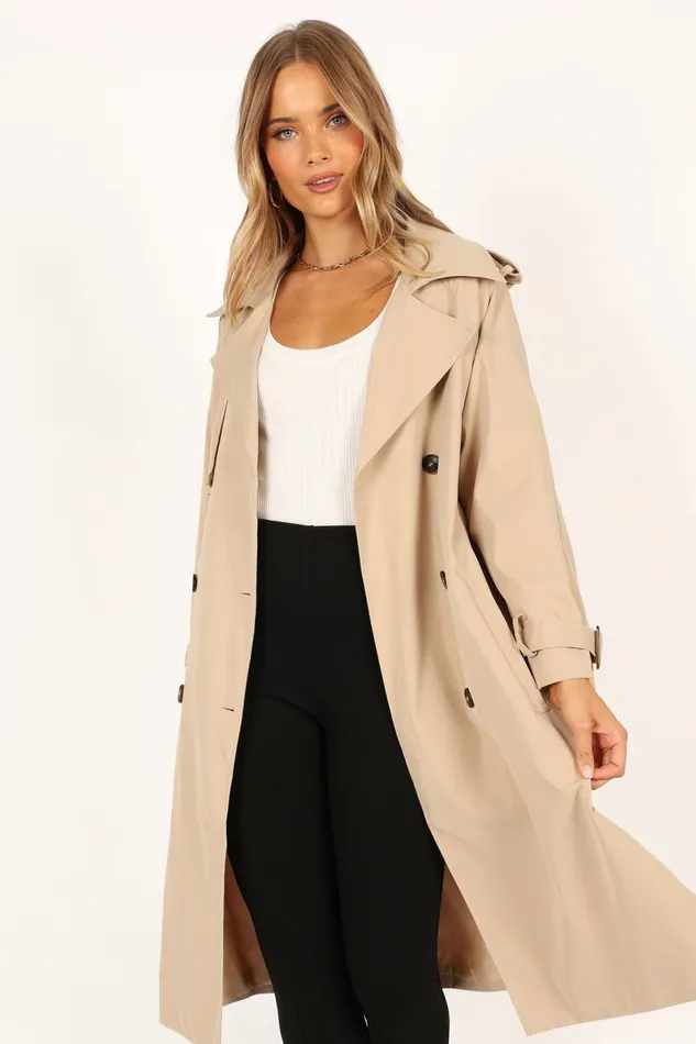 Trina Button Front Trench Coat Beige Women Jackets and Coats Petal and Pup