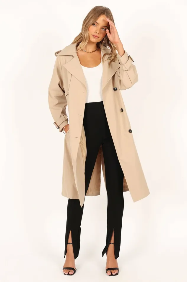 Trina Button Front Trench Coat Beige Women Jackets and Coats Petal and Pup