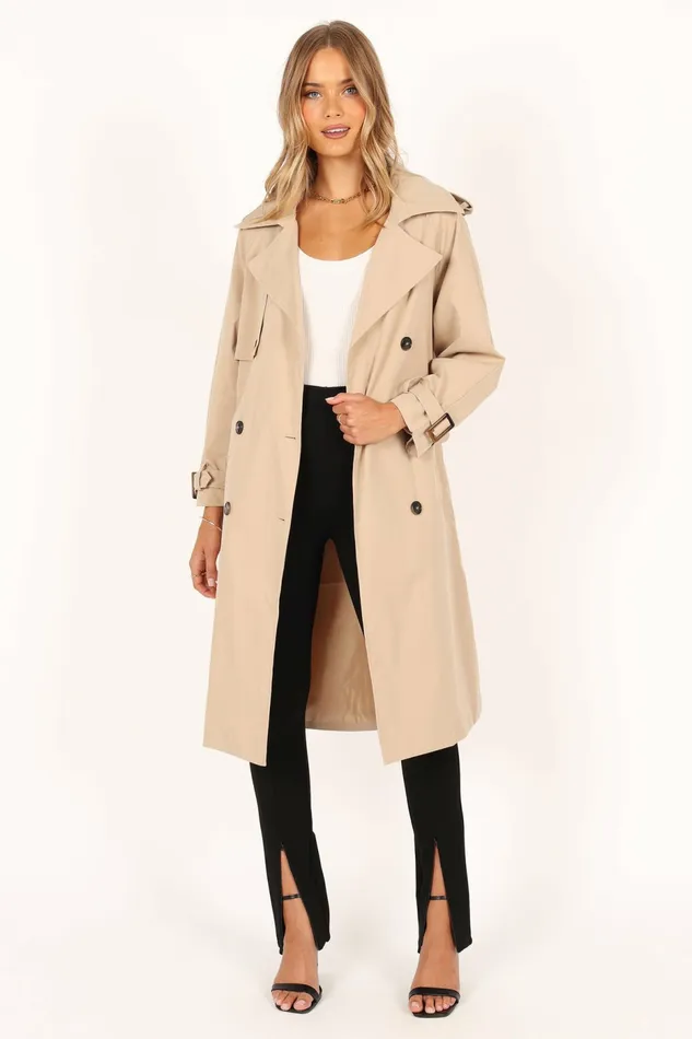 Trina Button Front Trench Coat Beige Women Jackets and Coats Petal and Pup