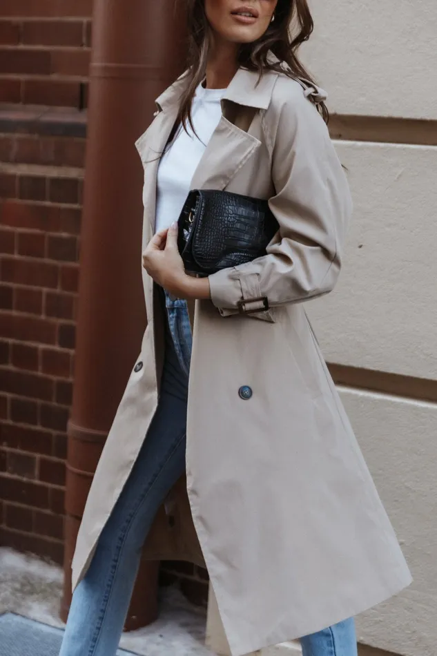 Trina Button Front Trench Coat Beige Women Jackets and Coats Petal and Pup