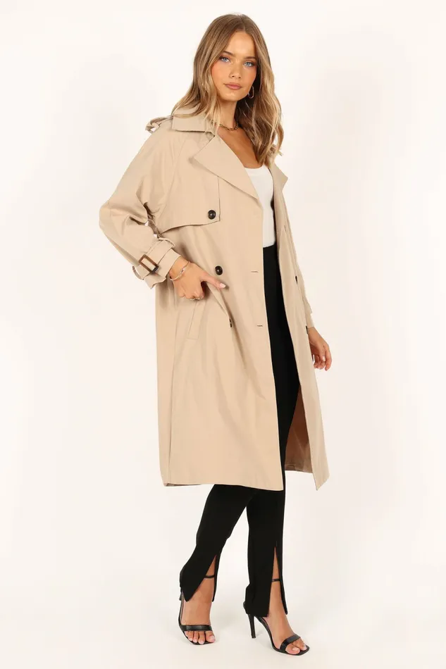 Trina Button Front Trench Coat Beige Women Jackets and Coats Petal and Pup