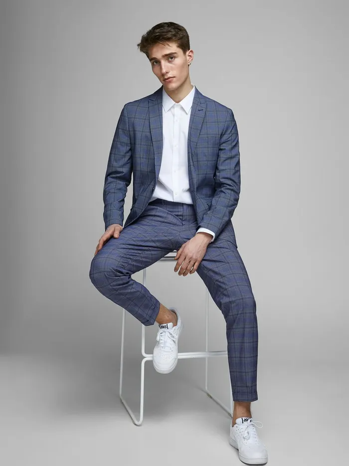 Trousers JACK and JONES Mens JONES CHECKED SUIT TROUSERS Blue Dark Navy