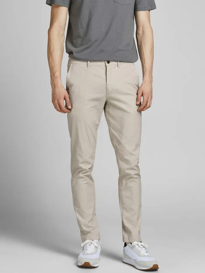 Trousers JACK and JONES Mens MARCO DAVE LINEN CHINOS Beige White Pepper