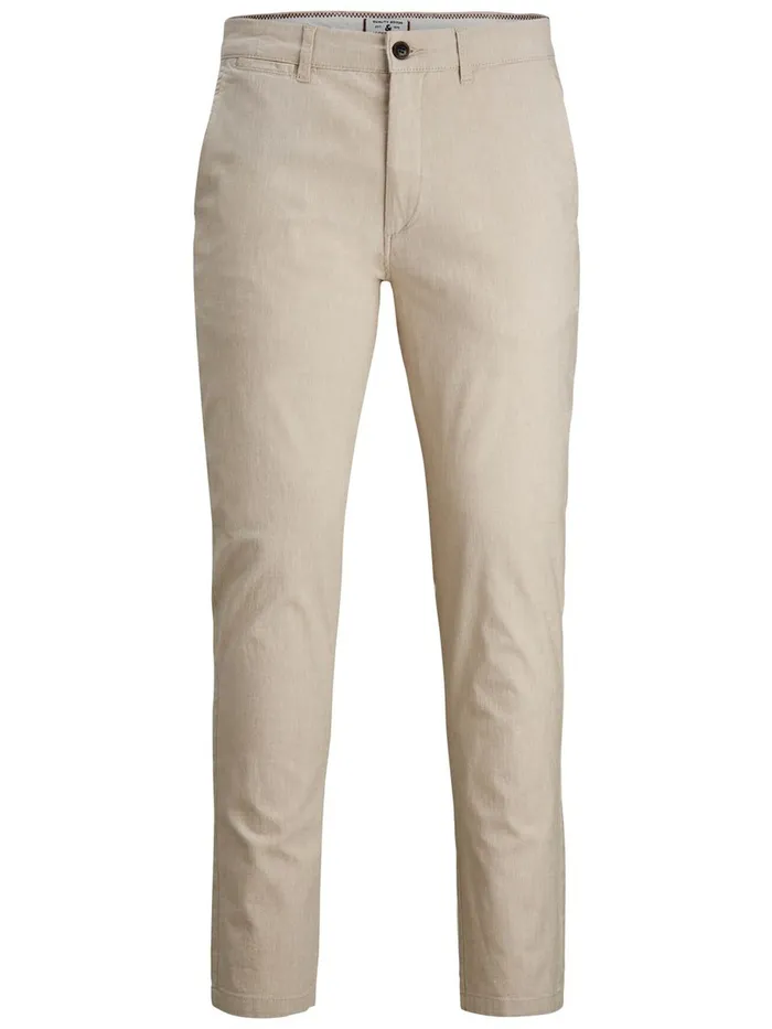 Trousers JACK and JONES Mens MARCO DAVE LINEN CHINOS Beige White Pepper