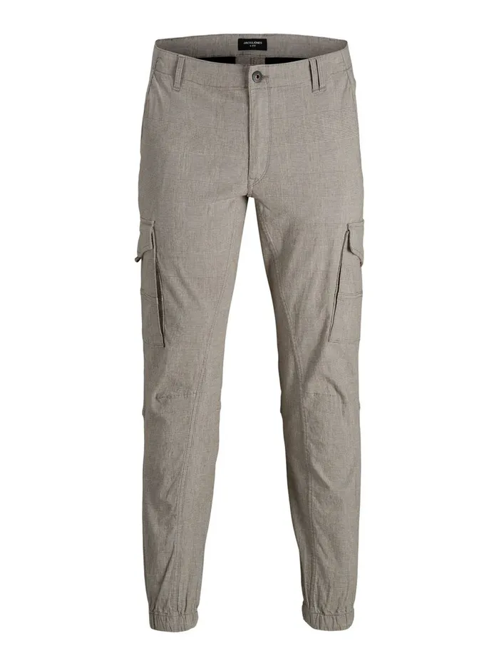Trousers JACK and JONES Mens PAUL FLAKE CHECKED PLUS SIZE CARGO TROUSERS Grey Light Gray