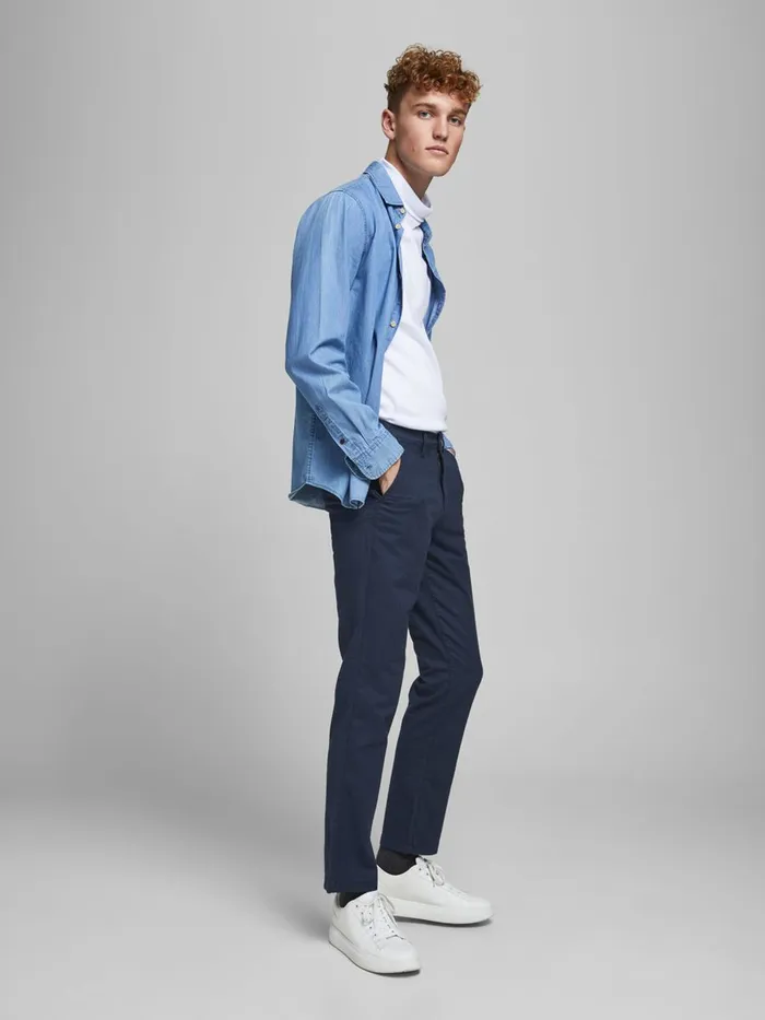 Trousers JACK and JONES Mens ROY HERRINGBONE CHINOS Blue Navy Blazer
