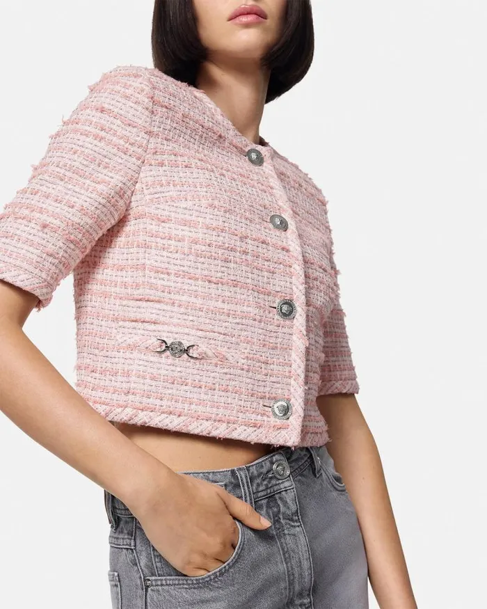 Tweed Cardigan Jacket Light Pink Women Versace Blazer and Jackets