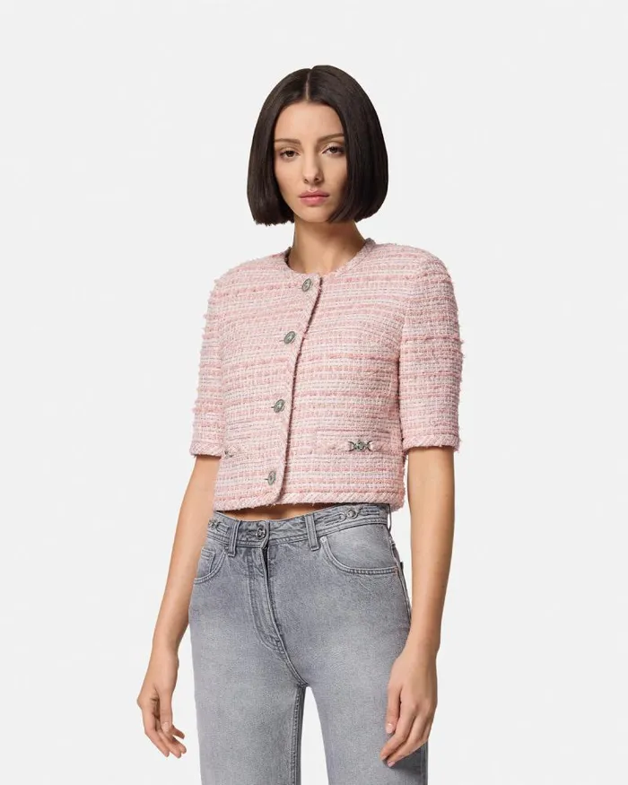 Tweed Cardigan Jacket Light Pink Women Versace Blazer and Jackets