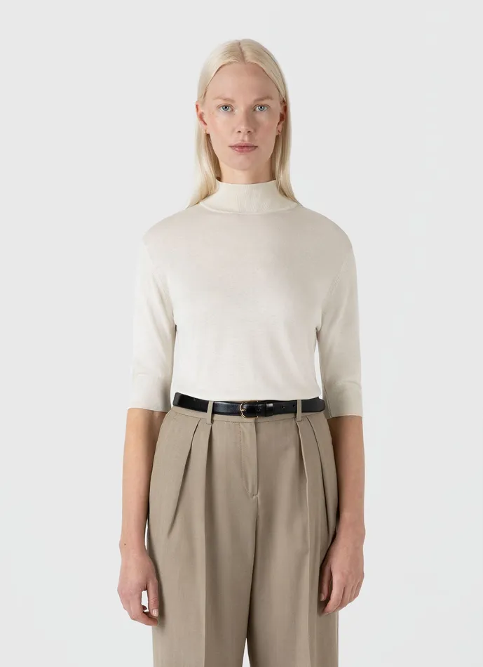 ussunspel Tshirts and Tops Women Mulberry Silk Mock Neck Top Ecru
