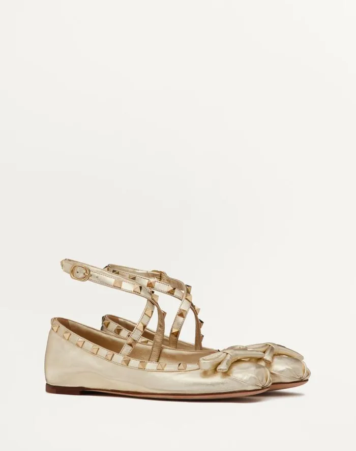 Valentino Ballerinas Woman Rockstud Laminated Nappa Leather Ballerina For Woman In Platinum Platinum Valentino Ballerinas Woman Rockstud Laminated Nappa Leather Ballerina For Woman In Platinum Platinum