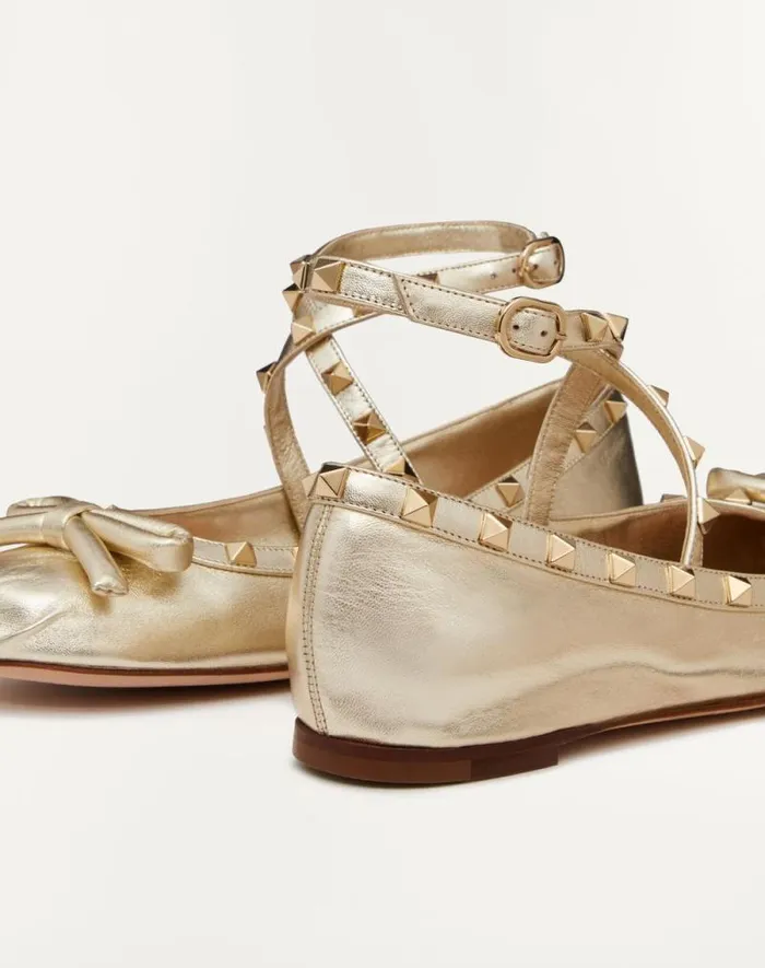 Valentino Ballerinas Woman Rockstud Laminated Nappa Leather Ballerina For Woman In Platinum Platinum Valentino Ballerinas Woman Rockstud Laminated Nappa Leather Ballerina For Woman In Platinum Platinum