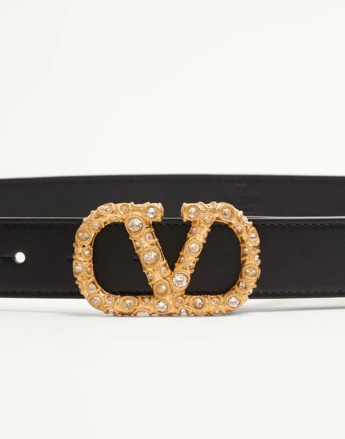Valentino Belts Woman Vlogo Signature Belt In Shiny Calfskin With Crystals 30 Mm For Woman In Blackcrystal Blackcrystal Valentino Belts Woman Vlogo Signature Belt In Shiny Calfskin With Crystals 30 Mm For Woman In Blackcrystal Blackcrystal