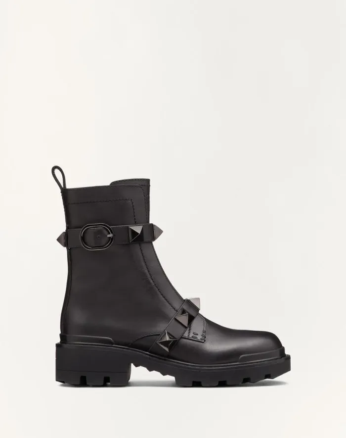 Valentino Boots Woman Roman Stud Calfskin Combat Boot With Tonal Studs 40mm For Woman In Black Black Valentino Boots Woman Roman Stud Calfskin Combat Boot With Tonal Studs 40mm For Woman In Black Black