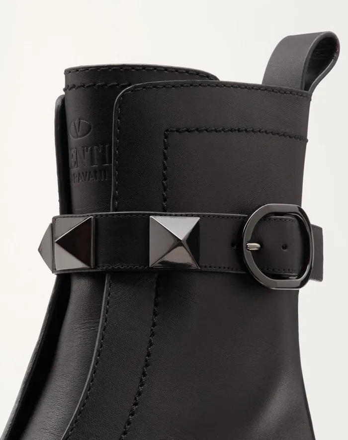 Valentino Boots Woman Roman Stud Calfskin Combat Boot With Tonal Studs 40mm For Woman In Black Black Valentino Boots Woman Roman Stud Calfskin Combat Boot With Tonal Studs 40mm For Woman In Black Black