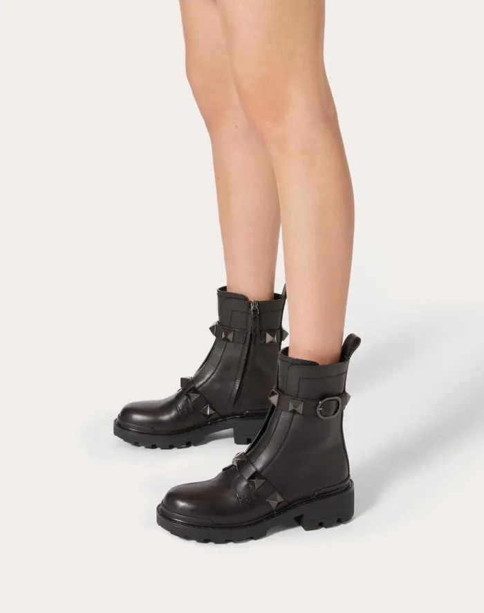 Valentino Boots Woman Roman Stud Calfskin Combat Boot With Tonal Studs 40mm For Woman In Black Black Valentino Boots Woman Roman Stud Calfskin Combat Boot With Tonal Studs 40mm For Woman In Black Black