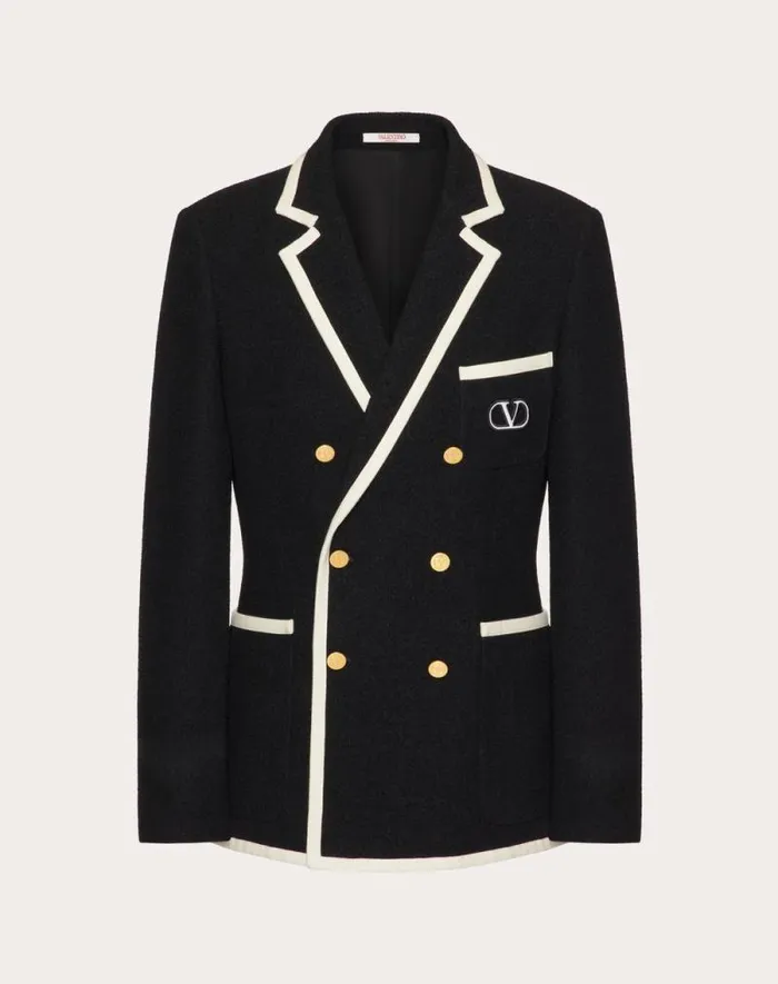 Valentino Coats And Blazers Man Doublebreasted Boucl Wool Jacket With Vlogo Signature Embroidery For Man In Black Black Valentino Coats And Blazers Man Doublebreasted Boucl Wool Jacket With Vlogo Signature Embroidery For Man In Black Black