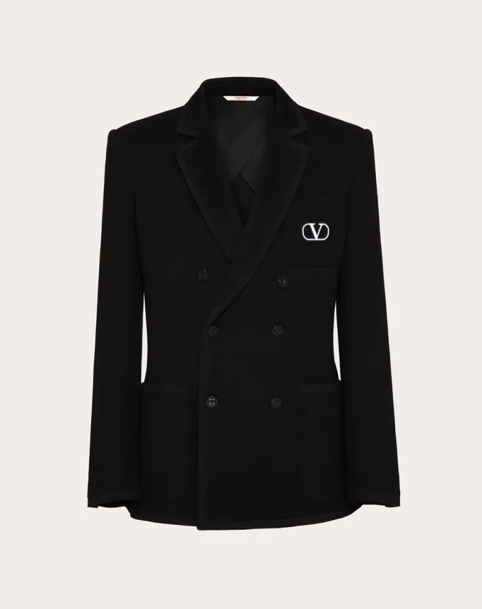 Valentino Coats And Blazers Man Doublebreasted Cotton Jersey Jacket With Vlogo Signature Patch For Man In Black Black Valentino Coats And Blazers Man Doublebreasted Cotton Jersey Jacket With Vlogo Signature Patch For Man In Black Black