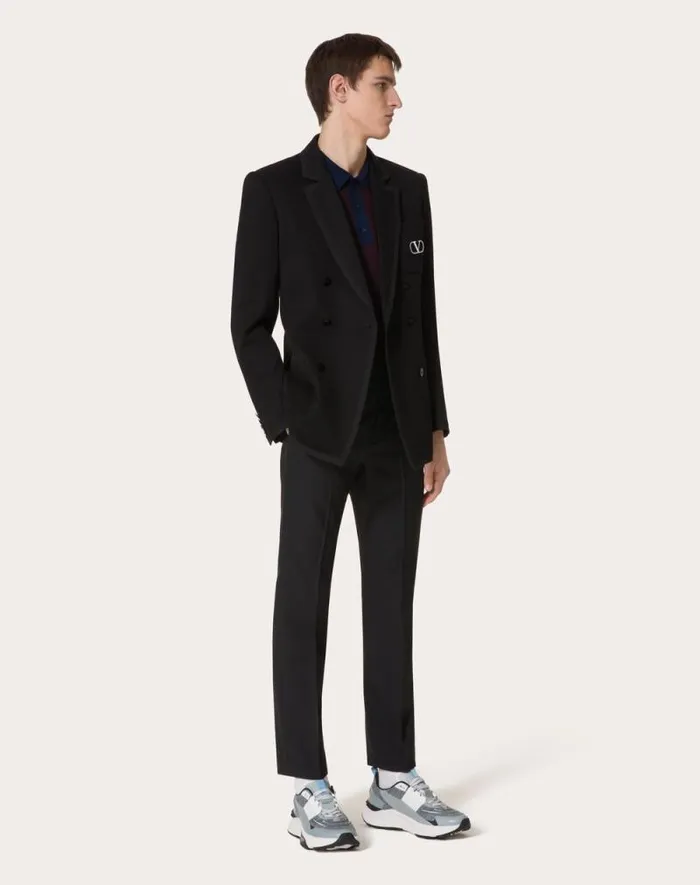 Valentino Coats And Blazers Man Doublebreasted Cotton Jersey Jacket With Vlogo Signature Patch For Man In Black Black Valentino Coats And Blazers Man Doublebreasted Cotton Jersey Jacket With Vlogo Signature Patch For Man In Black Black